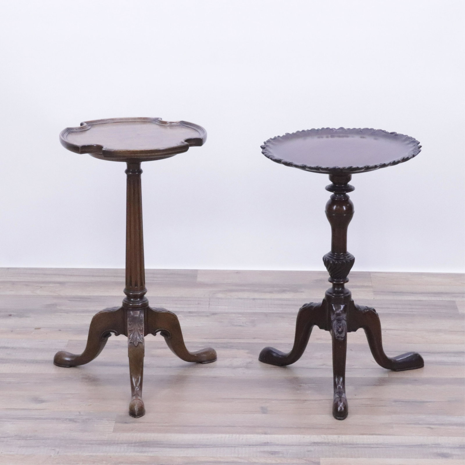 George III Style Mahogany Wine Tables: George III Style Mahogany Wine Tables with scalloped tops. Larger 21" H x 11.75" Property from life long collectors, Fairfield, CT