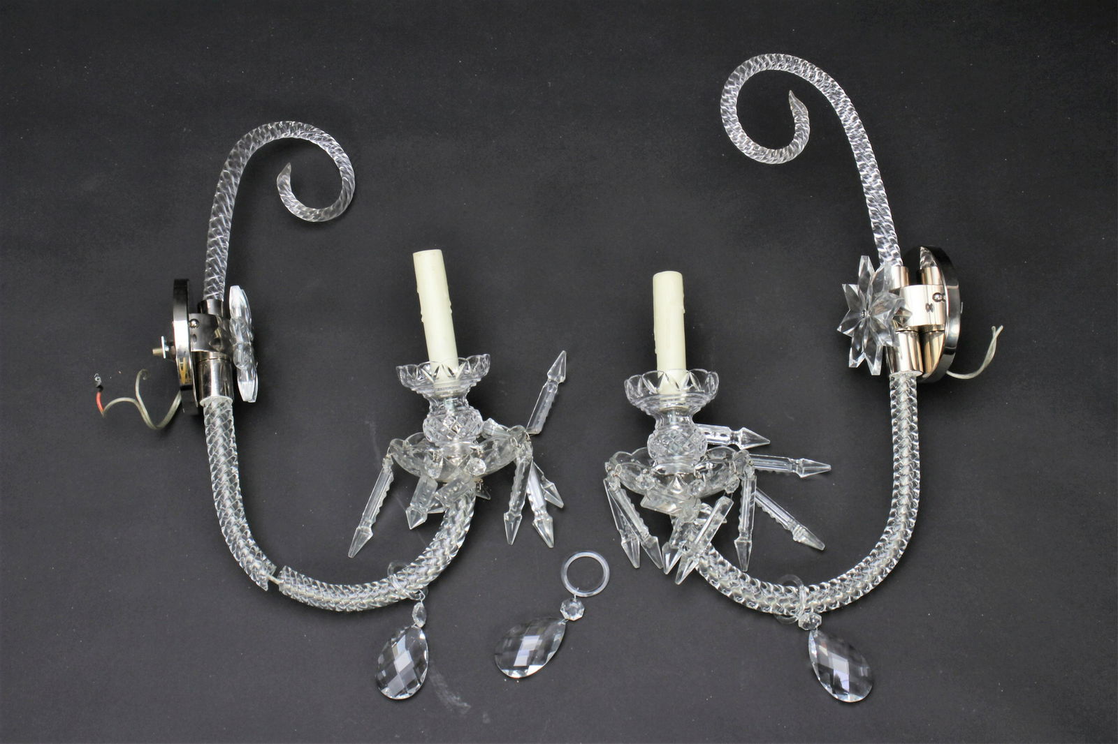 Pair of Victorian Molded Glass Sonces: Pair of Victorian Molded Glass Single Arm Sconces, in the manner of Osler. 20.75" H x 5" W x 11.5" D Property from a Fine Collection of Antiques & Decorative Art, Rumson, New Jersey.