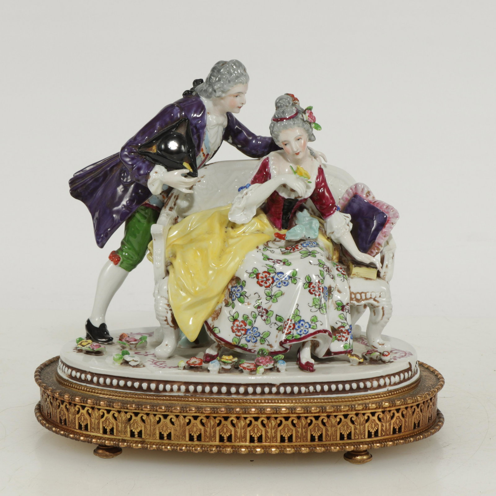 Brass Mounted Figural Group Music Box: Brass Mounted Figural Group Music Box, possibly Capodimonte 9 1/4" W Property from a Manhattan Interior Designer and Architect