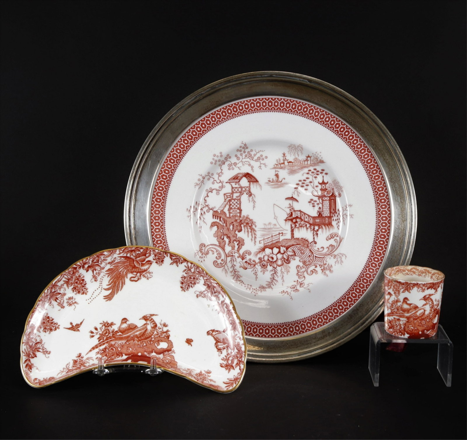 Bone China Chinoiserie Dishes: Bone China Chinoiserie Dishes, 20th C. A Spode china plate with a silverplate rim in a Chinese style, offered along with a crescent shaped Royal Crown Derby dish and matching cup, both of a Chinese st