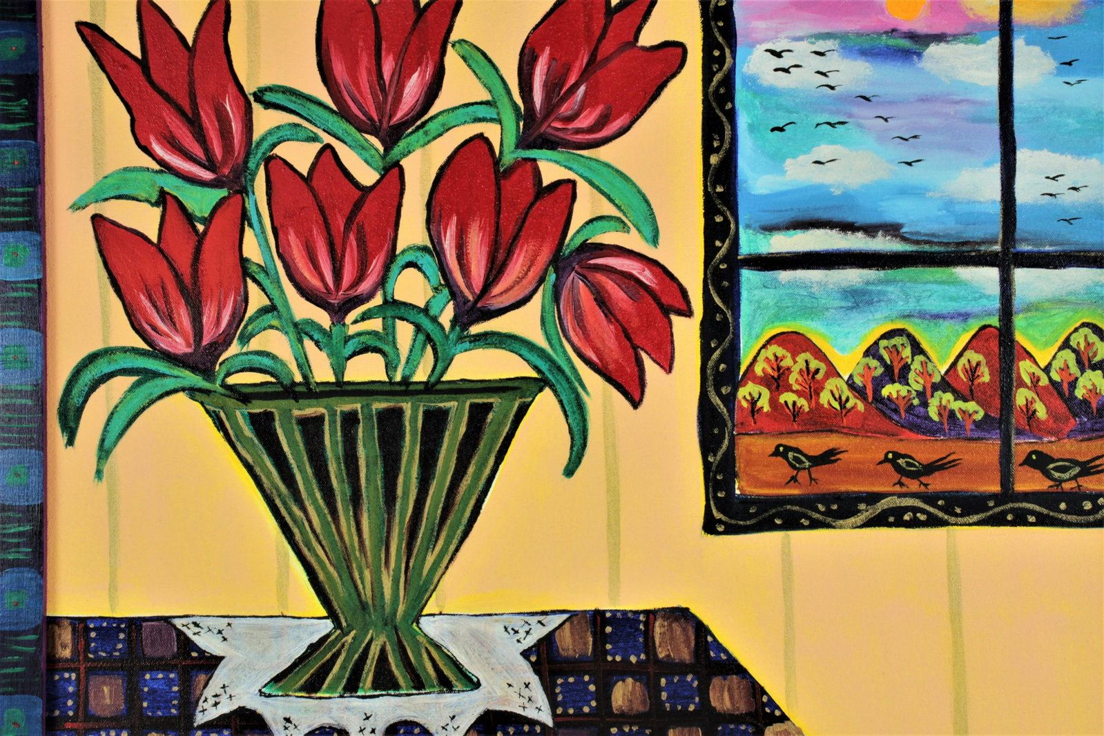 Sarah Rakes - Red Tulips- O/C: Sarah Rakes, Am., b.1955, Red Tulips in a Vase and Crows in the Garden, oil on canvas, signed and dated lower right, verso titled, signed and dated Dimensions:17 1/2 x 22, framed 23 1/2 x 27 1/2 Prope