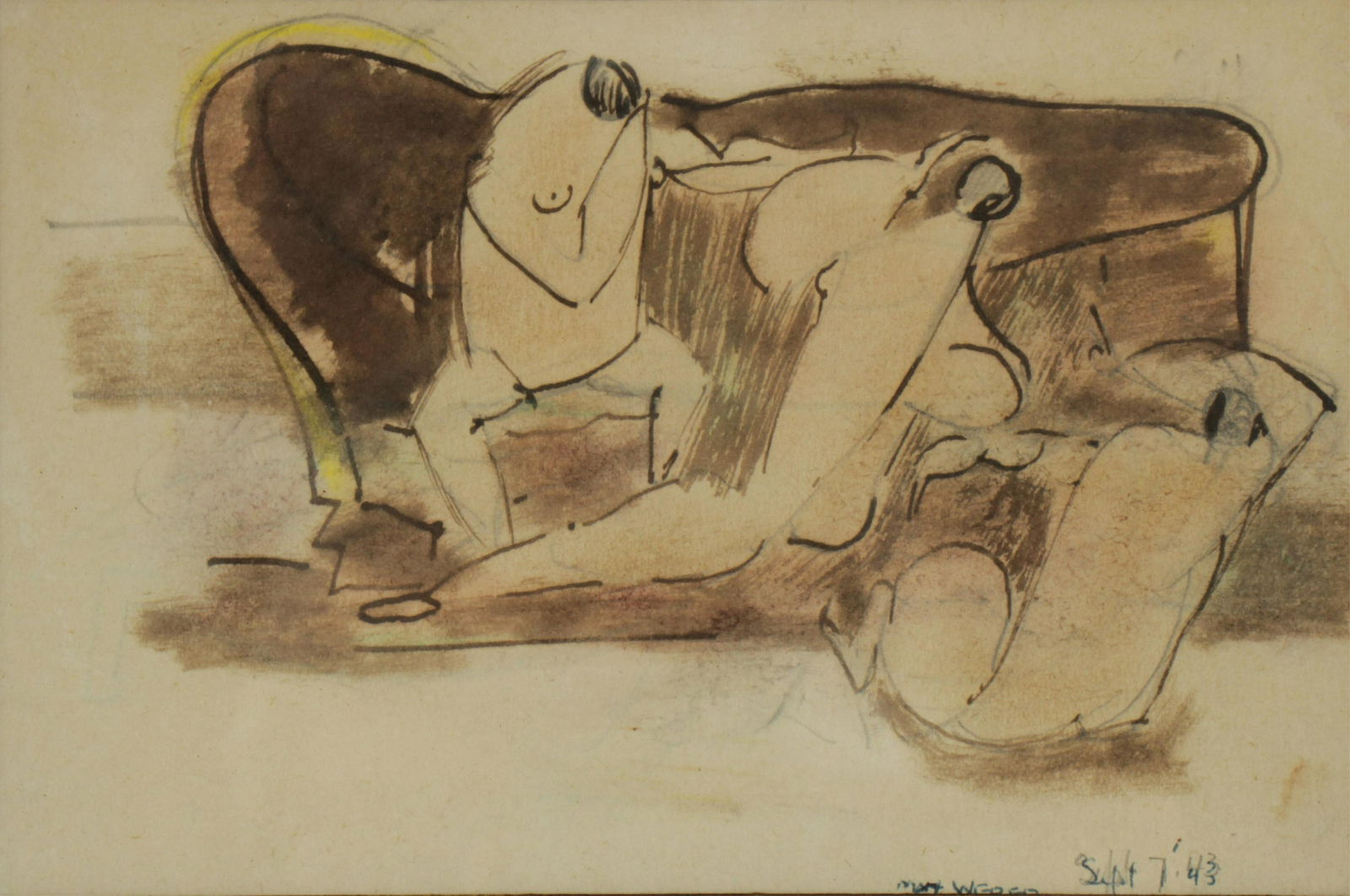 Max Weber - On The Sofa - Gouache: Max Weber, 1881-1961, On The Sofa, ink and gouache, pencil and ink signed and dated lower right, Max Weber Sept 7' 43, verso gallery label, THE DOWNTOWN GALLERY 32 E.51st St., New York Dimensions:6 x
