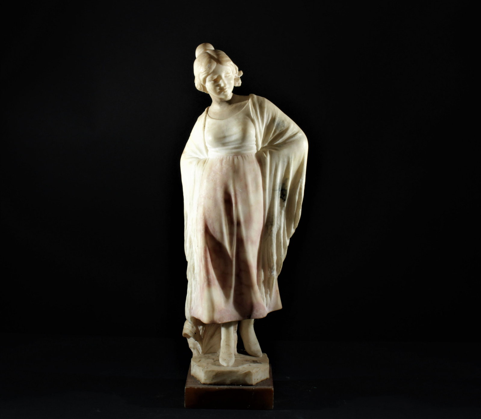 Eugenio Pattarino - Alabaster Female Figure: Eugenio Pattarino (Italian, 1885 - 1971). Carved alabaster figure of female with shawl. Signed on base. Dimensions:19" H x 7" W Property from the collection of Dr. William and Mary Smith Liebesman, De