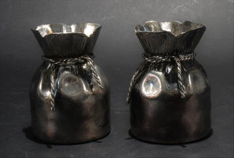 Asprey of London, Pair of 'Money Bag' Vases: Asprey of London, 'Money Bag' silverplate vases by Almazan. Dimensions:3.5" H x 2.5" diam Property from life long collectors, Fairfield, CT