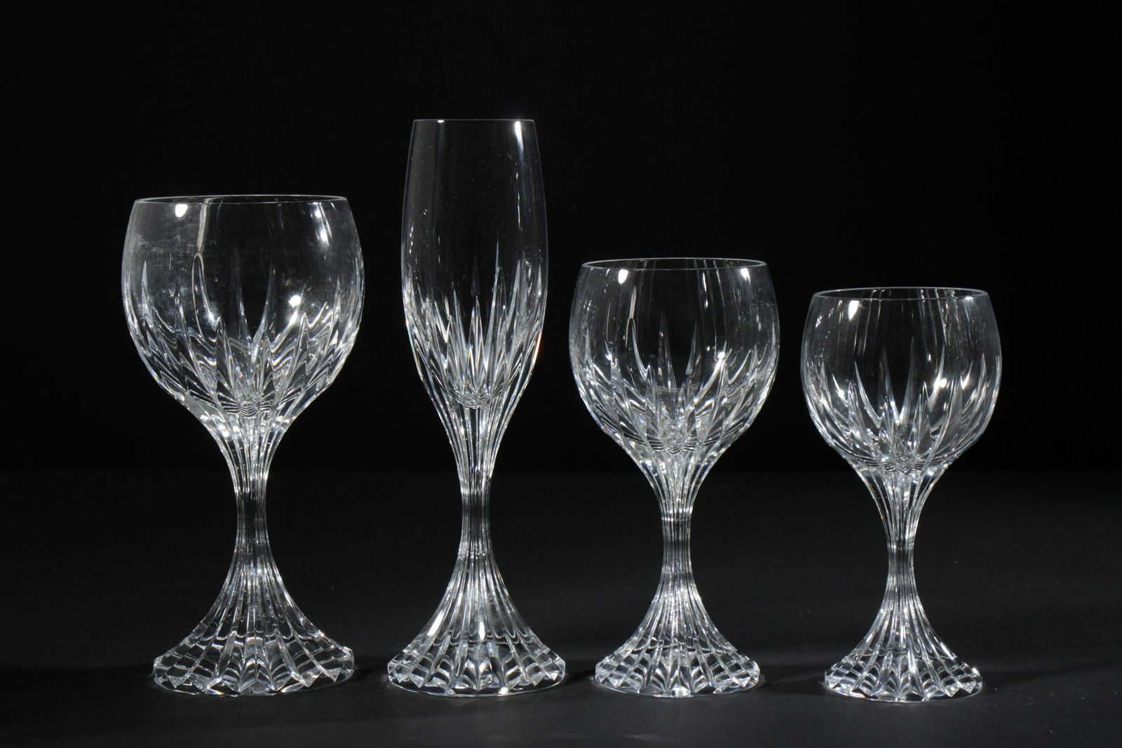 48 Baccarat Massena Pattern Stemware: 48 Pieces of Baccarat Massena Pattern Stemware includes 13 goblets, 13 champagne, 12 red wine, 12 white wine. Dimensions:goblet 7 1/2", champagne 8 1/2", red wine 6 1/2", white wine 6"