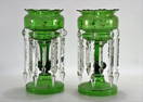 Pair Bohemian Enameled Green Glass Lusters