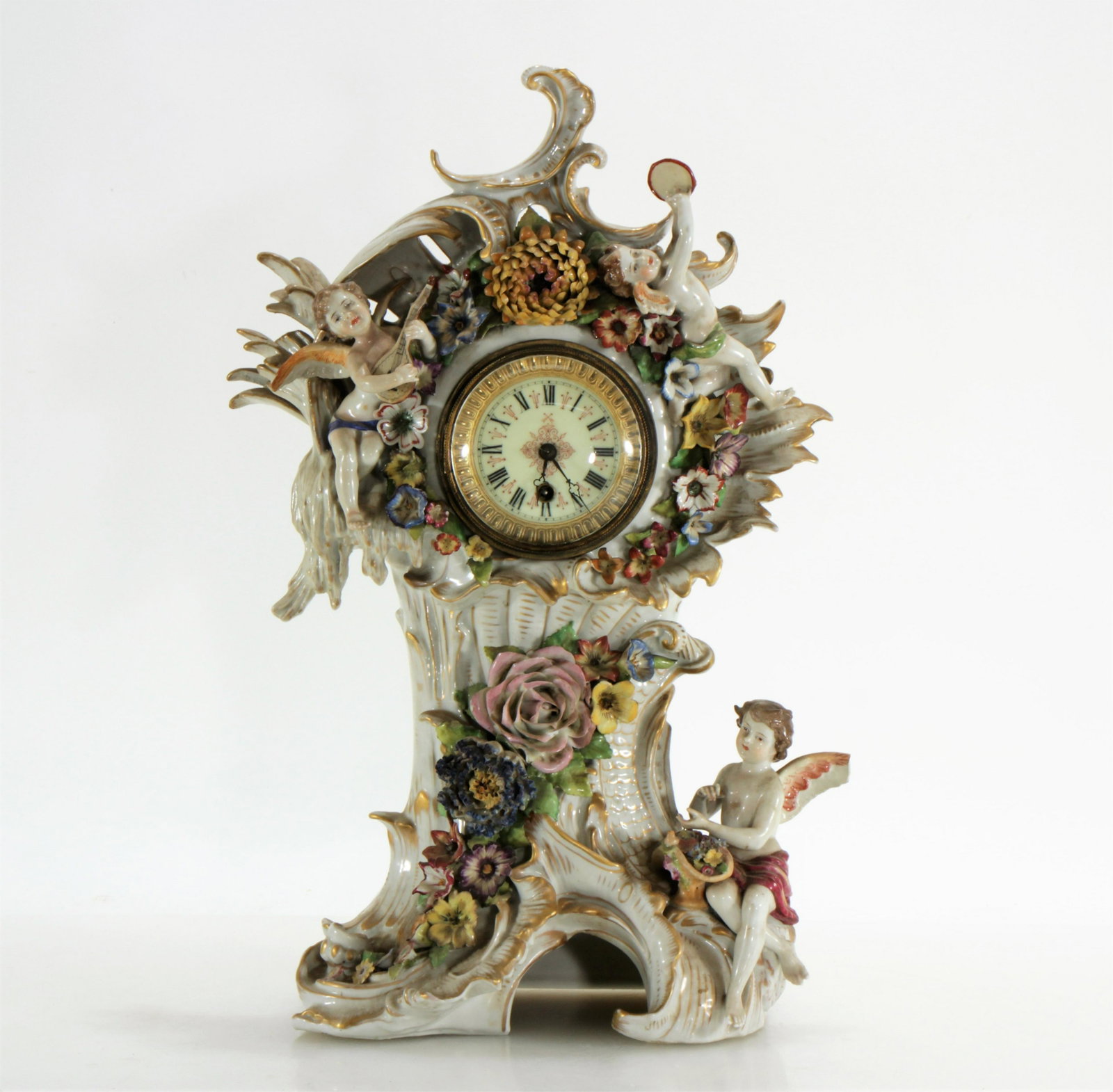 Lenzkirsch Figural Porcelain Clock: Lenzkirsch Figural Porcelain Clock Dimensions:18.25" H x 11.75" W x 6.5" D Property from the collection of Dr. William and Mary Smith Liebesman, Deal, NJ.