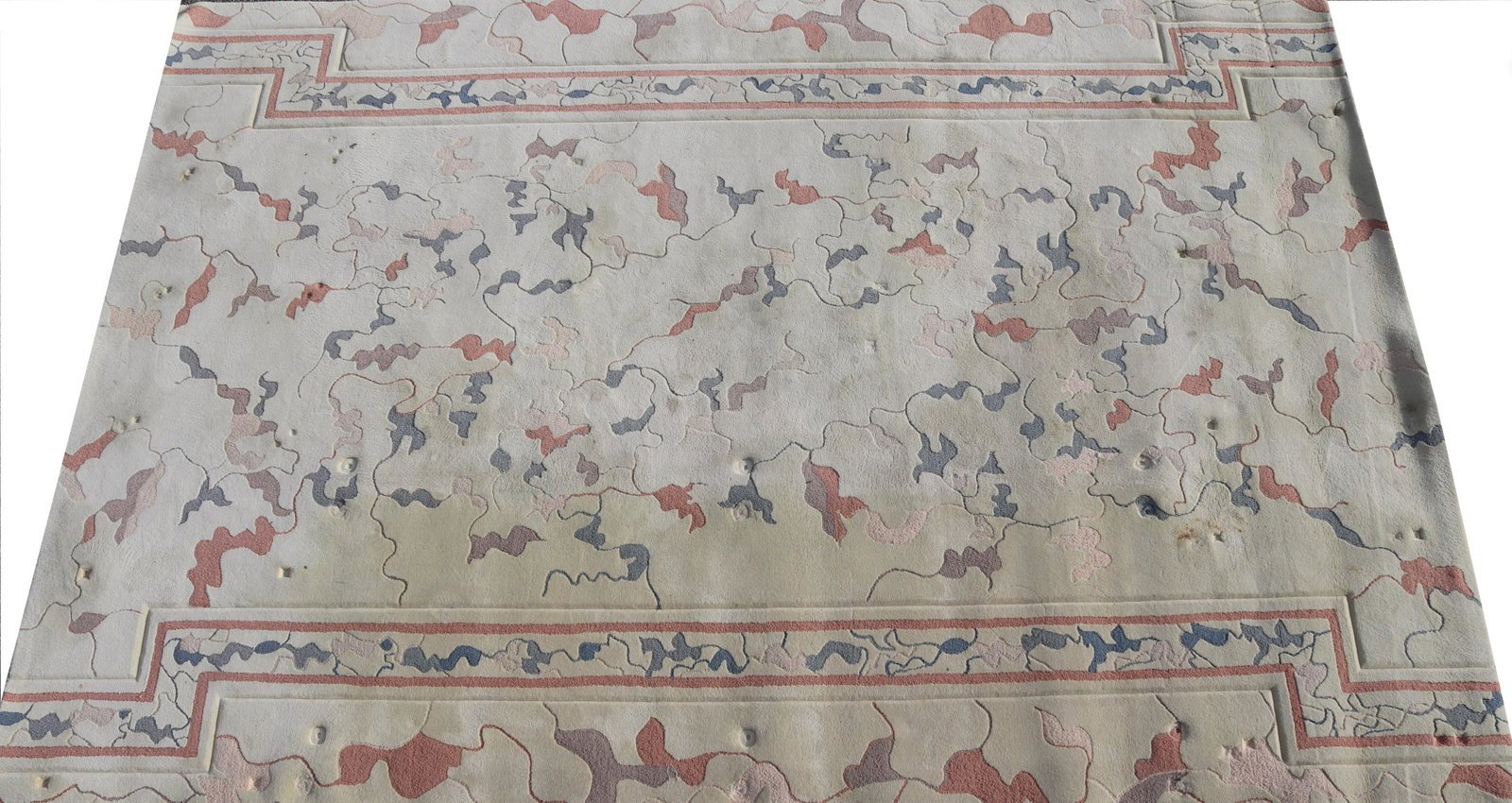 Masland Contemporary Rug 9-5 x 13-10: Masland Contemporary Wool and Nylon Rug, sculpted cut and loop pile, ivory ground with taupe, mauve and blue meandering geometric forms Dimensions:9-5 x 13-10 Property from the Estate of Marian Galewi