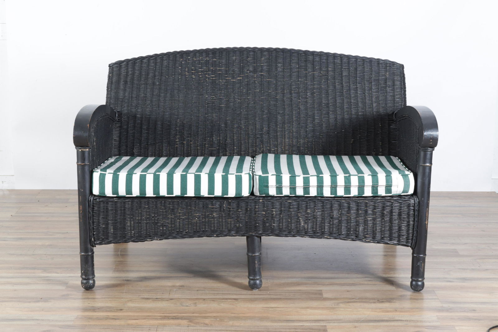 Vintage Black Painted Wicker Loveseat, E 20th C. (1 of 6)