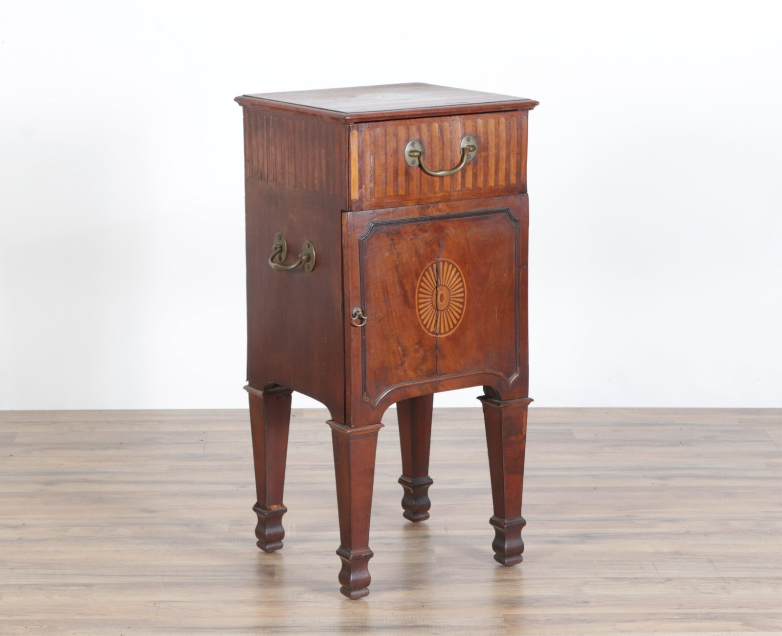 George III Inlaid Mahogany Bedside Cabinet, c.1780: George III Inlaid Mahogany Bedside Cabinet, circa 1780 Dimensions:34.5" H x 16" W x 18.5" D Property from the collection of Martha Rogers & Dick Cavett.