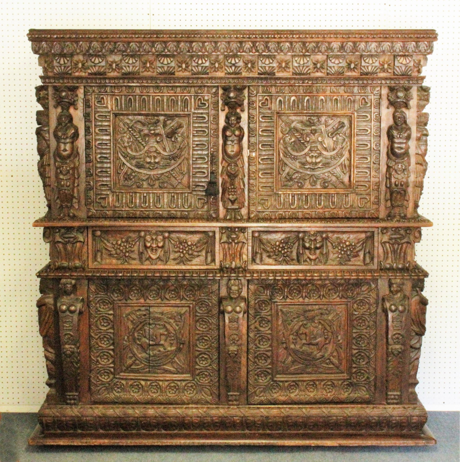 English Oak Jacobean Carved Cabinet c.1850: English Oak Jacobean Heavily Carved Cabinet, c.1850 Dimensions:72"H x 67"W x 26"D