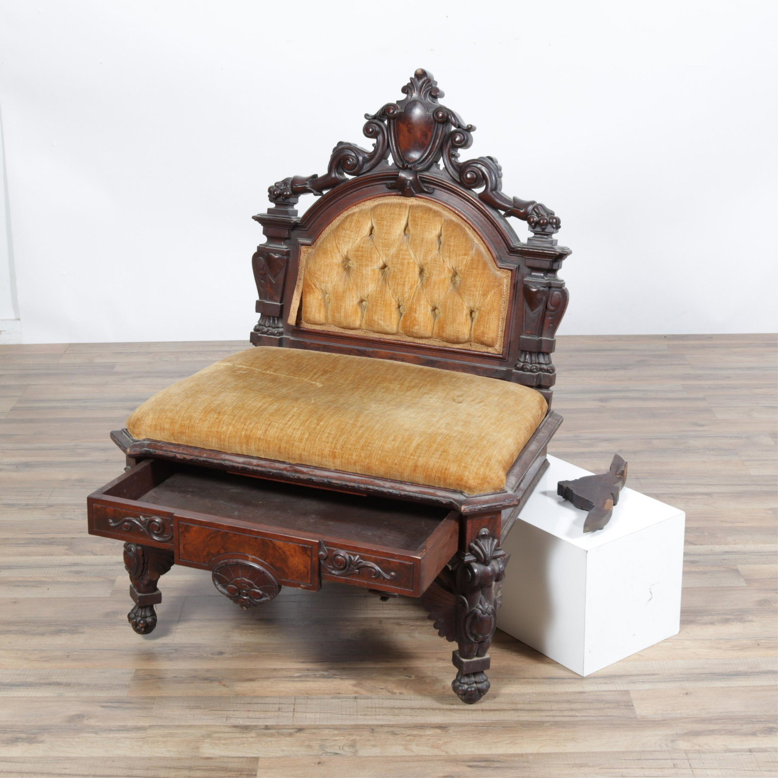 American Baroque Revival Hall Chair, 19th C.: American Baroque Revival Walnut Hall Chair, Mid 19th C., upholstered in gold velvet Dimensions:43.75" H x 30.25" W x 24" D Property from the collection of Dr. William and Mary Smith Liebesman, Deal, N