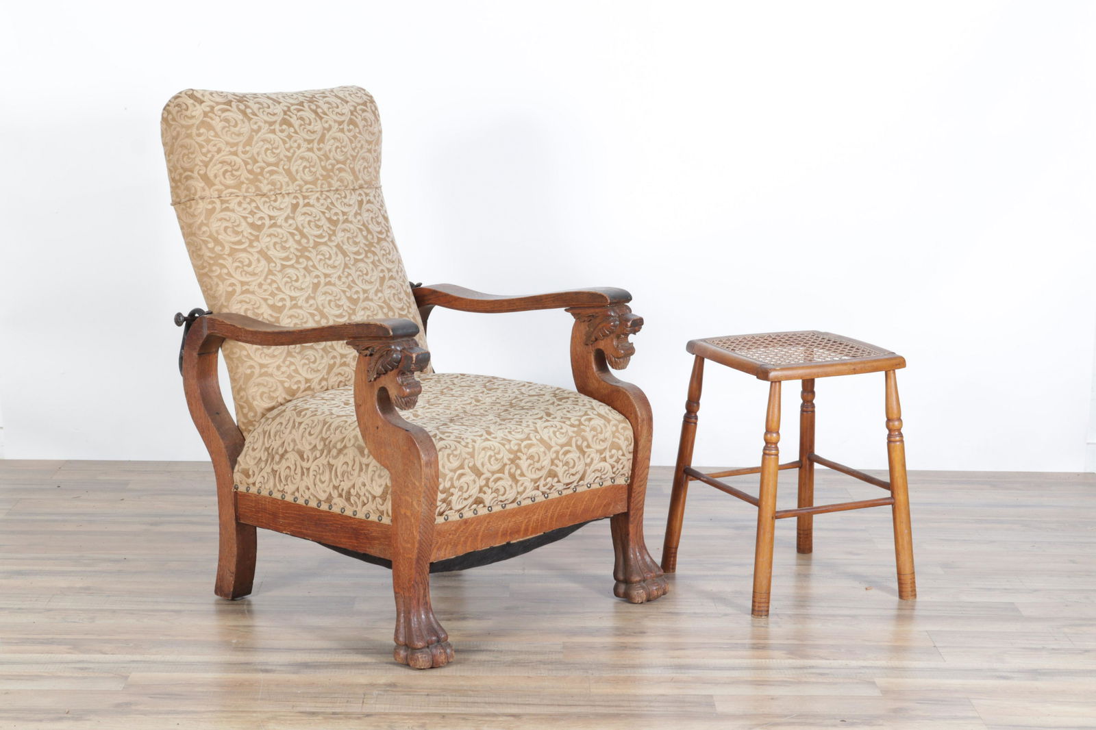 American Victorian Oak Reclining Armchair & Stool (1 of 4)