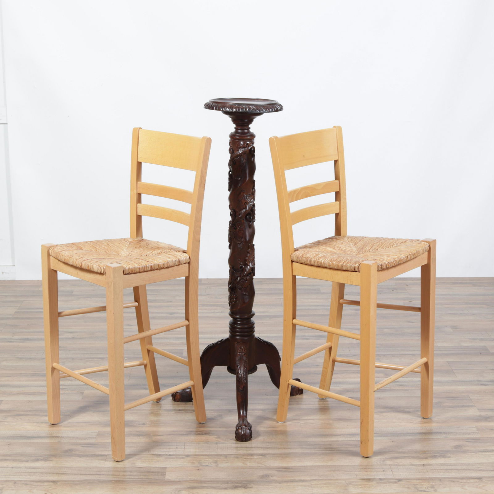 Pair Beechwood & Rush Bar Stools, Pedestal (1 of 8)