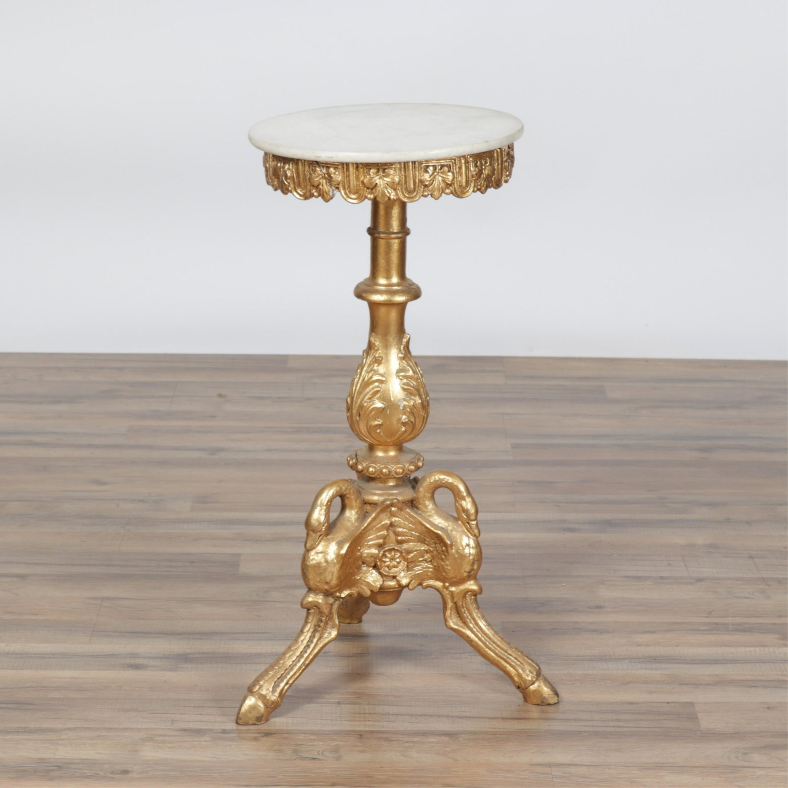 Victorian Giltwood and Composition Pedestal: Victorian Giltwood and Composition Pedestal, swan form legs Dimensions:31" H x 14.25" Dia. Property from the collection of Dr. William and Mary Smith Liebesman, Deal, NJ.