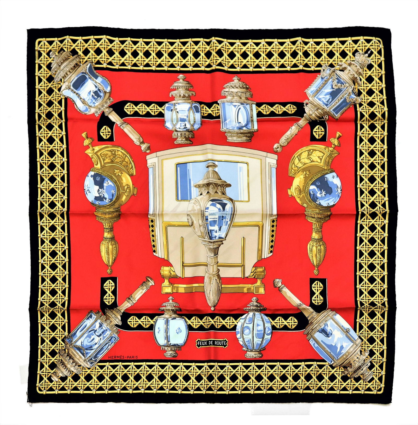 Hermes Feux de Route Twill Silk Scarf: Hermes Feux de Route twill silk scarf 90 designed by Caty Latham in red and navy blue. 35" square.Property from a private Connecticut collection.