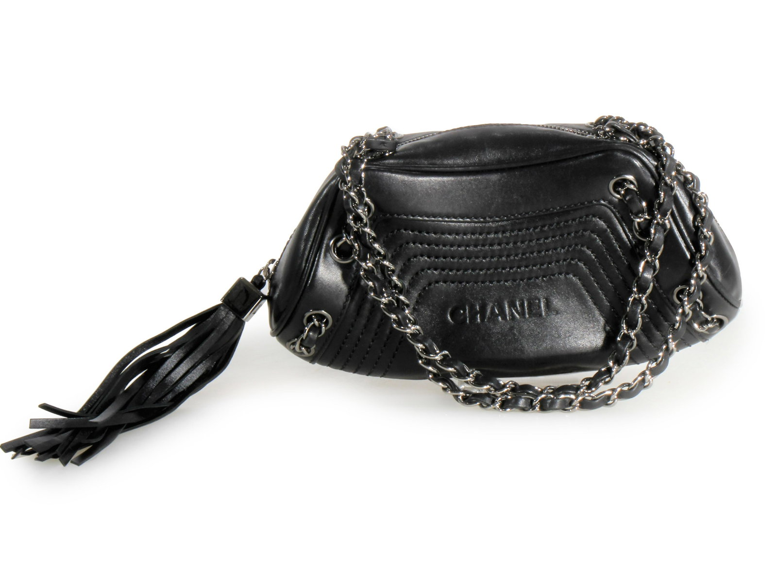 Chanel LAX Black Lambskin Shoulderbag: Chanel LAX Black Lambskin Shoulderbag, circa 2003. Black lambskin exterior with gunmetal hardware, signature jacquard lining with sinlge slip pocket, tonal stitching front details with center logo, du