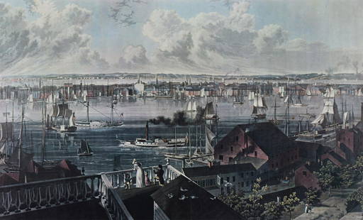 New York City - William J Bennet, after John Hill: William James Bennett, American, 1787-1844; after John William Hill, New York for Brooklyn Heights, hand-colored aquatint and engraved view of lower Manhattan across the East River, New York: L.P. Clo