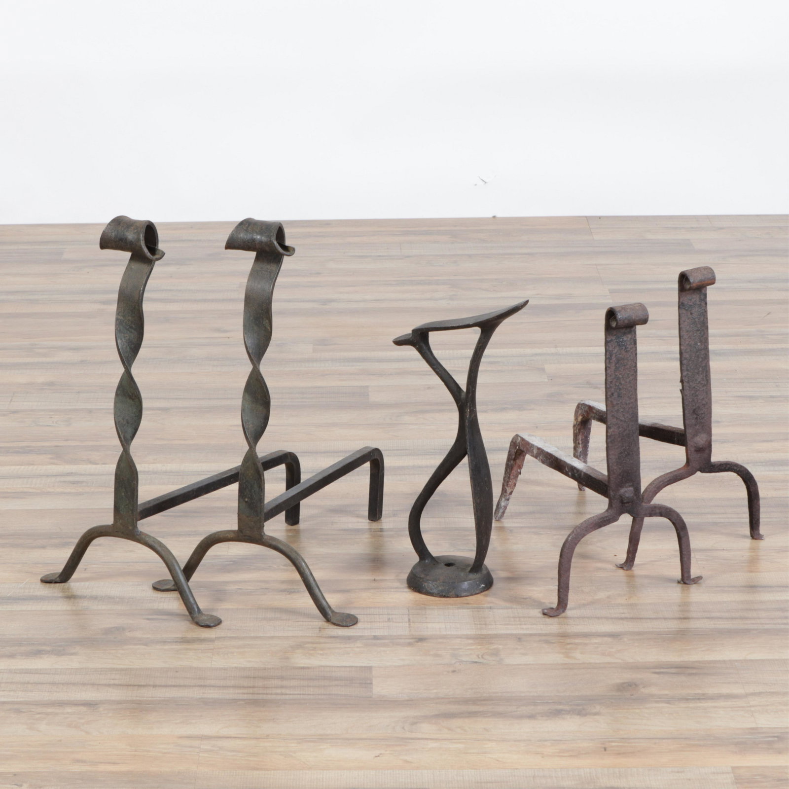 2 Pairs Iron Andirons and Boot Form: 2 Pairs Iron Andirons and Boot Form Dimensions: Larger pair 20.5" H