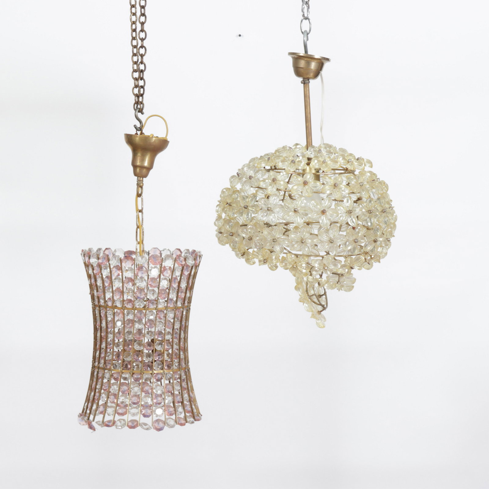 2 Lobmeyr Style Plastic & Glass Ceiling Fixtures: 2 Lobmeyr Style Plastic & Glass Ceiling Fixtures, faceted glass shades Dimensions: 19" H x 14.5" Dia.
