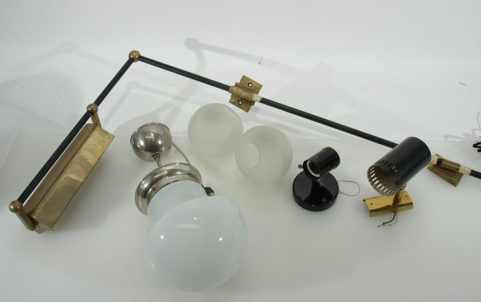 Group of Lighting Parts: Chrome Ceiling Fixture and 3 Lamps, 2 Shades Dimensions: Ceiling fixture 15.5" H