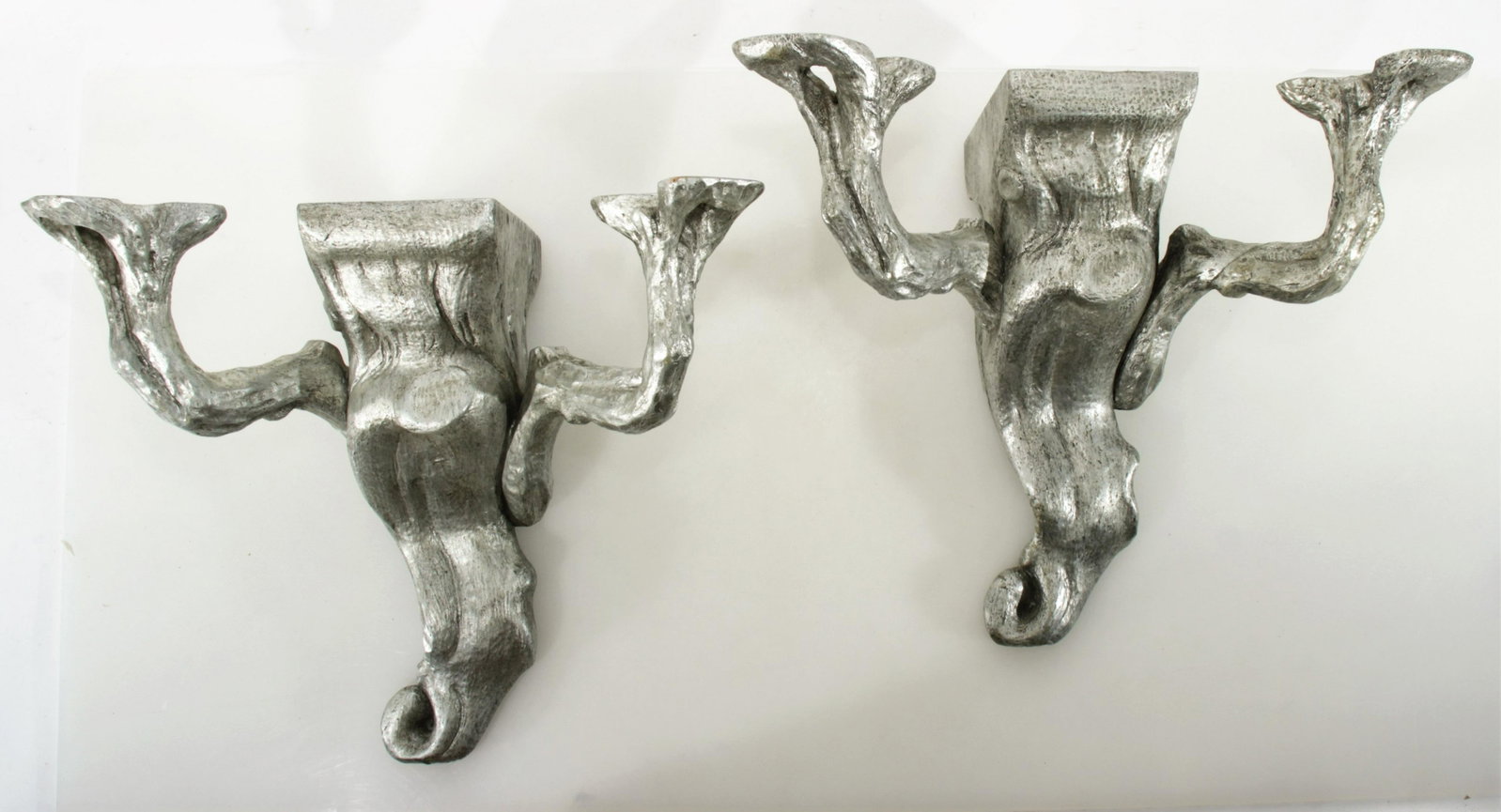 Pair Naturalistically Carved Silvered Wall Bracket: Pair Naturalistically Carved Silvered Wall Brackets Dimensions:
