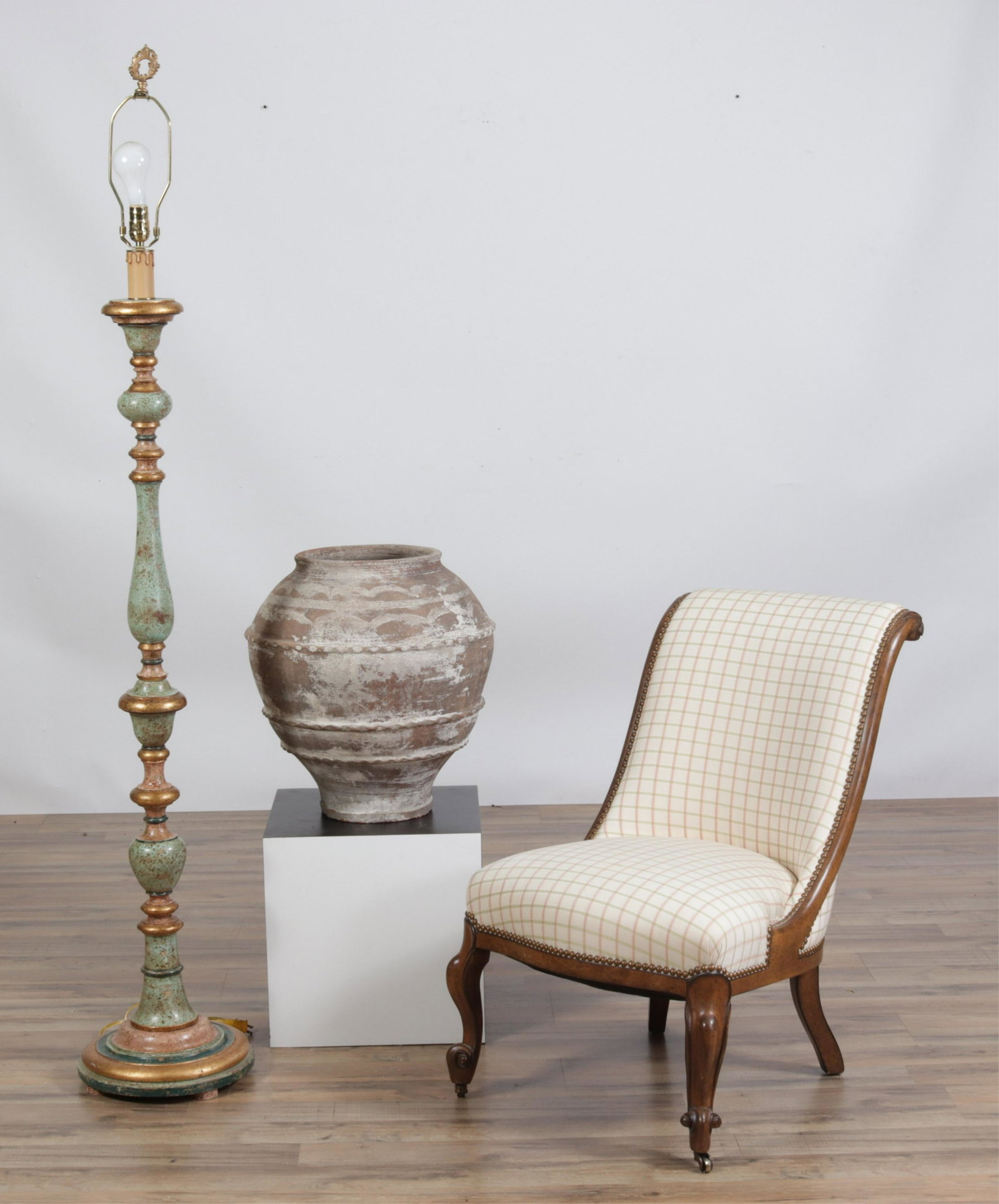 Victorian Style Slipper Chair, Lamp & Jar: Victorian Style Slipper Chair, Painted Lamp & Ceramic Jar, chair upholstered in plaid cotton Dimensions: Chair 31.75" H x 21" W x 29" D, Lamp to the finial 70" H