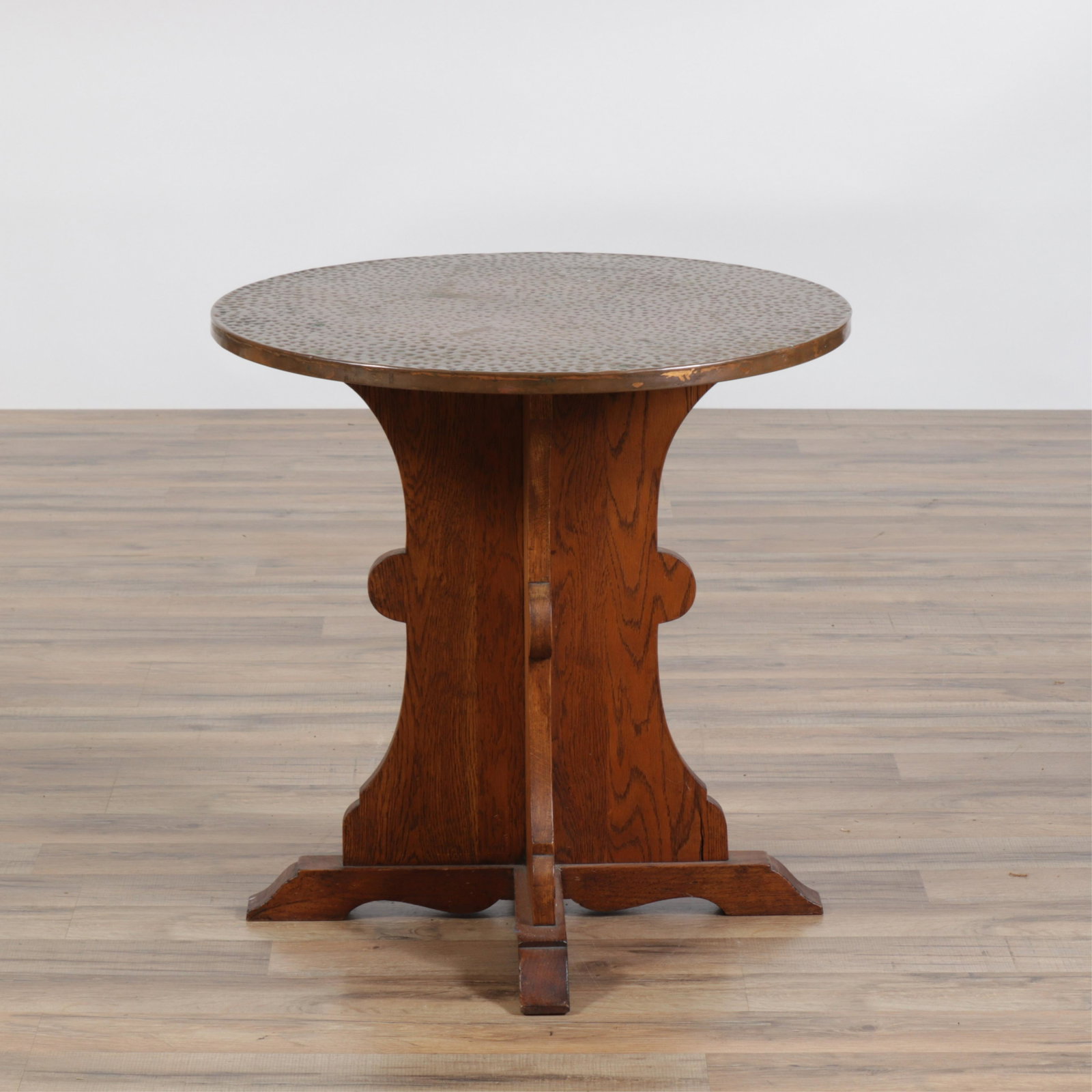 Mission Style Hammered Copper Top Side Table: Mission/Arts and Craft style decoratively peen hammered sheet copper top on four symmetrically scroll cut oak vertical panels on shoe feet. Dimensions: 24"H x 24 dia.
