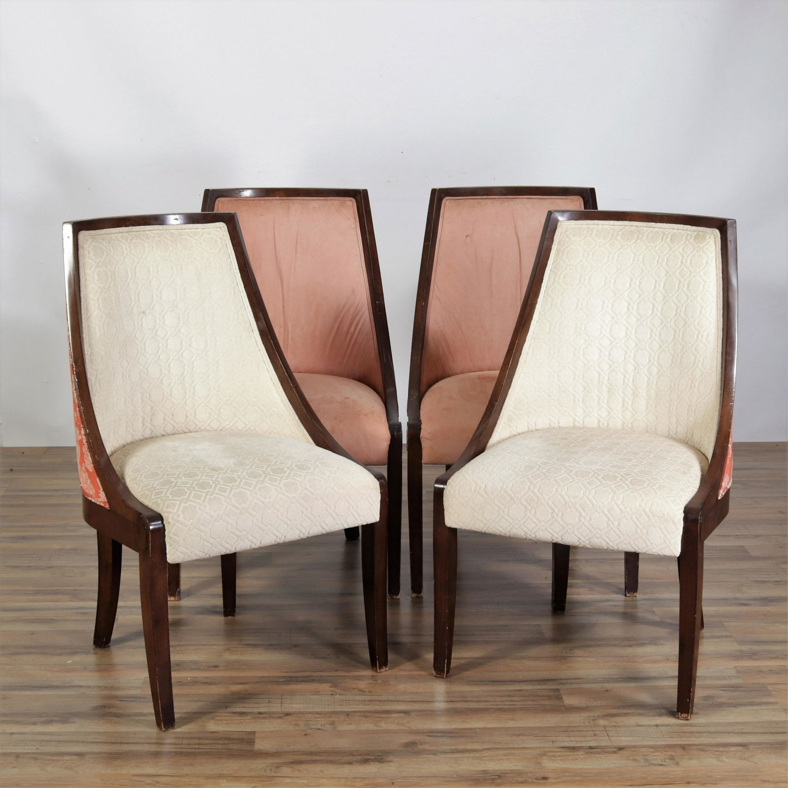 Set of 4 Art Deco Style Mahogany Chairs: Set of 4 Art Deco Style Mahogany Chairs with various upholstery.Dimensions: 38.5" H x 23 W x 27 D