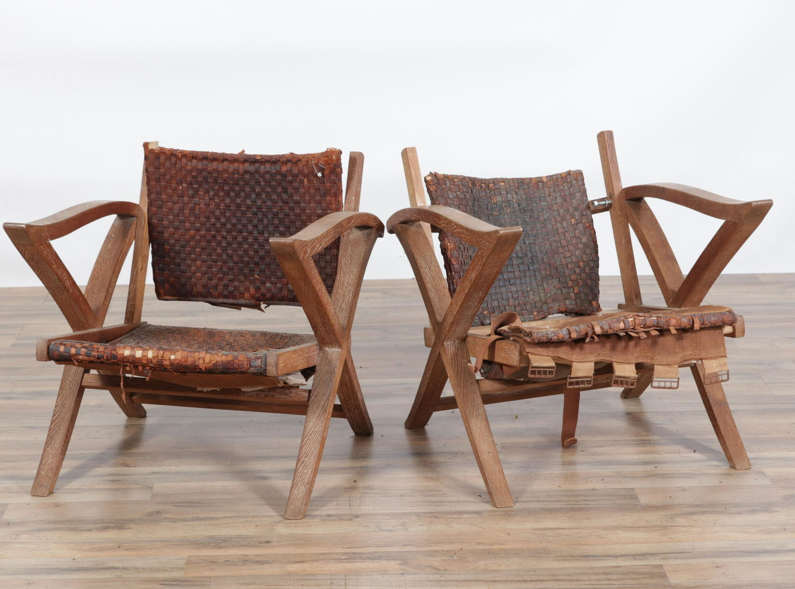 Pair French 40's Pickled Oak Armchairs (1 of 5)