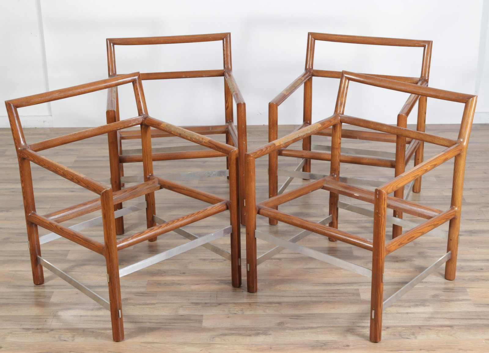 4 Edward Wormley for Dunbar Oak & Metal Chairs: 4 Edward Wormley for Dunbar Oak & Metal Armchairs, circa 1970, unupholstered Dimensions: