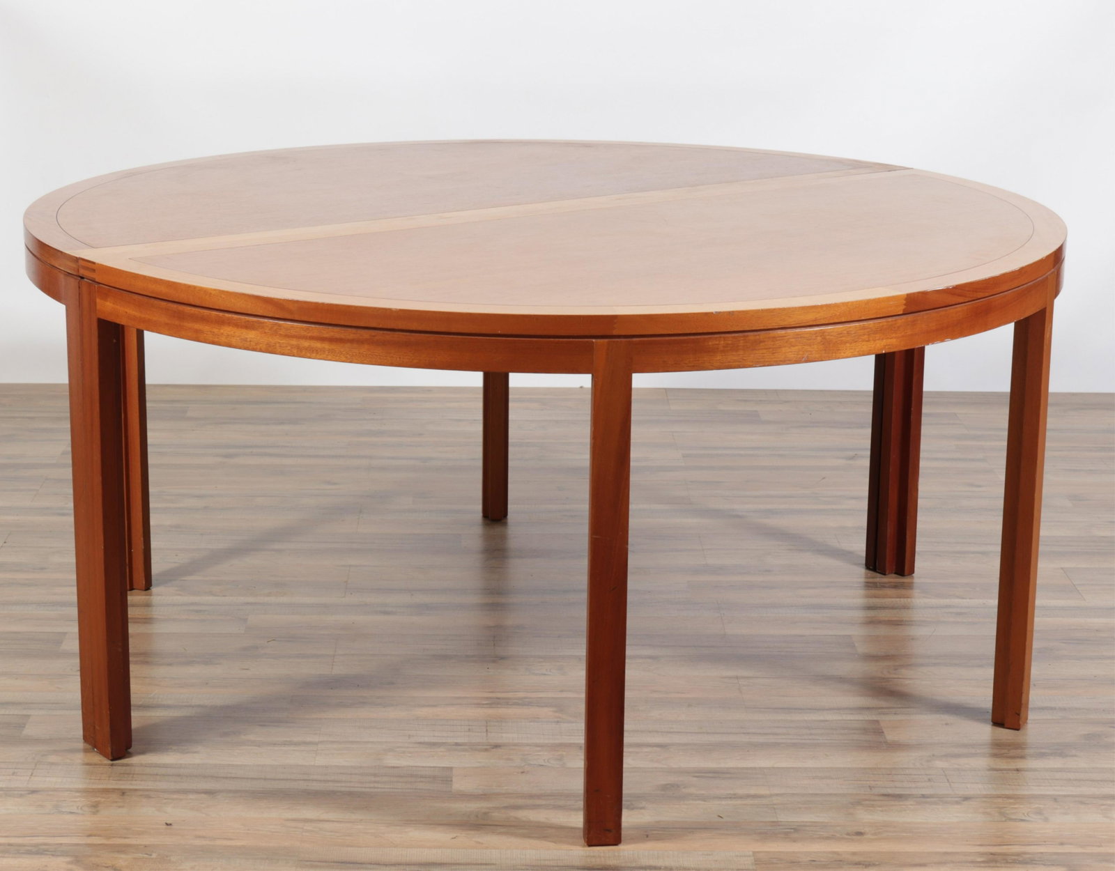Pair Borge Mogensen Danish MCM Demilune Tables: As individual demilune tables or coupled as single table. Soborg Mobel Fabrik, Denmark manufacturers label. Dimensions: Each 63"W x 31.5 x 28.75H