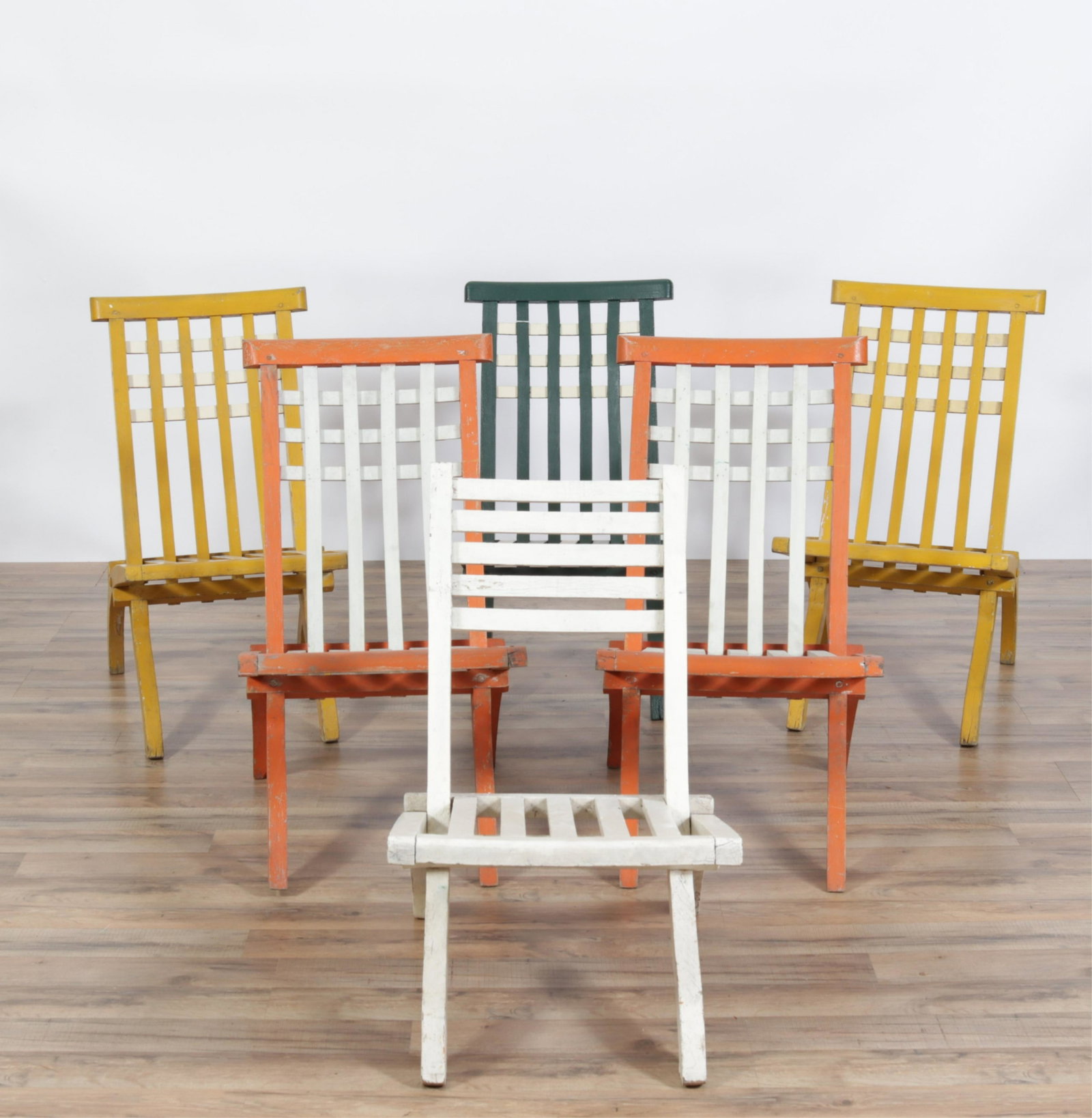 6 Painted, Folded Deck Chairs, poss. Stevenson: Set of 6 Painted, Folded Deck Chairs, possibly Robert Mallet Stevenson Dimensions: 29.5" H x 16.75" W x 22" D