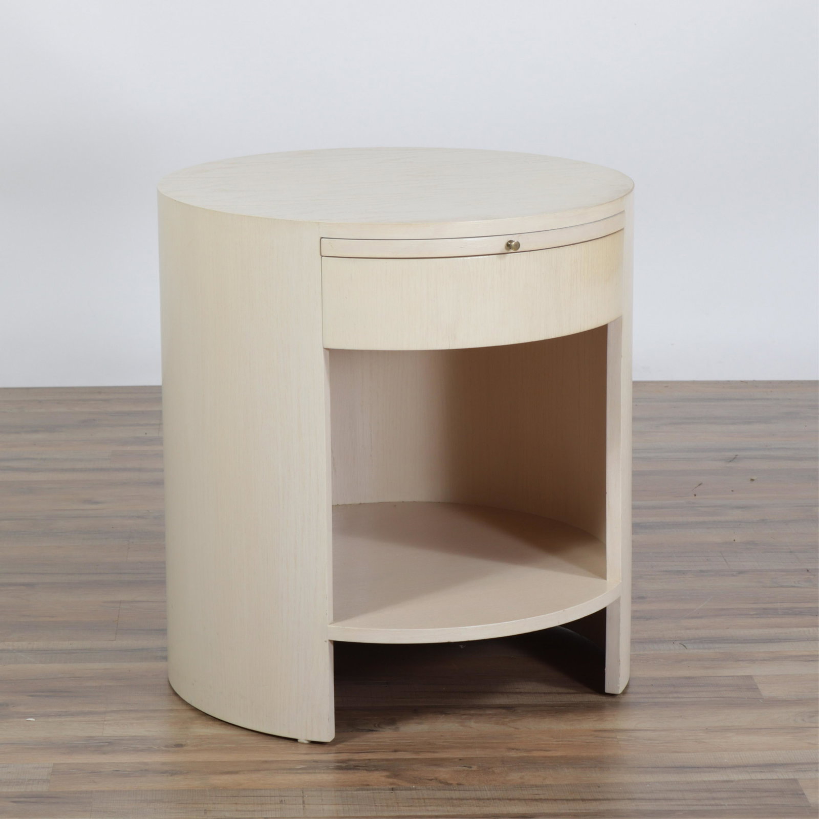 Contemporary Cream Stained Bedside Table: Contemporary Cream Stained Bedside Table Dimensions: 26.25" H x 24.25" dia.