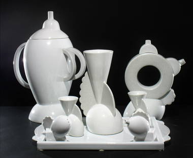 Matteo Thun for Memphis Tableware: Matteo Thun for Memphis Tableware. Including tray, salt & pepper shakers, two teapots, two cocktail glasses, and vase. All marked. Dimensions: Larger teapot 16.5" H Property from the Estate of John 'P