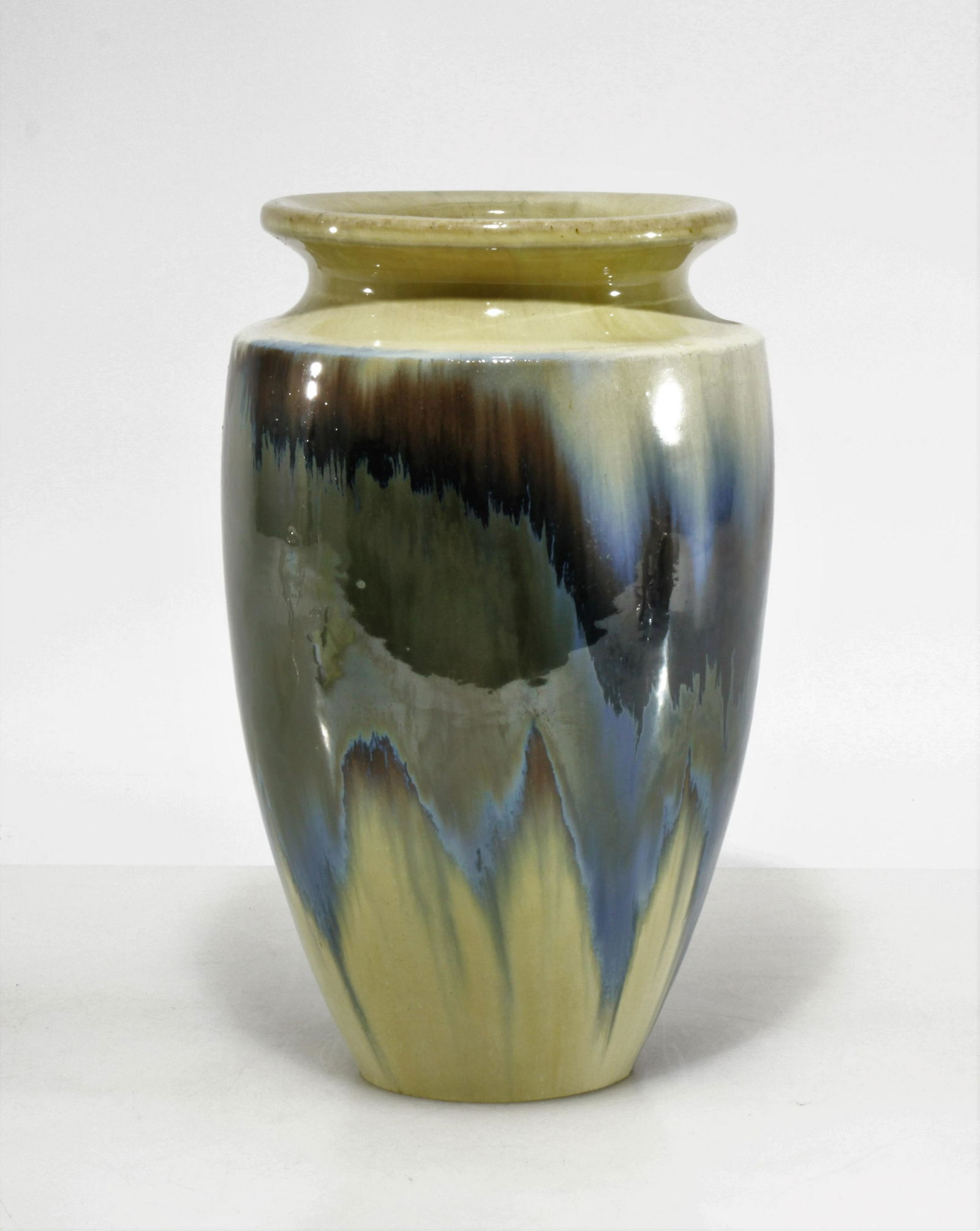 Fulper - Pottery Vase: Fulper Pottery Vase, rectangular mark, blue flambe over cream glazeDimensions: 10" H Property from the Estate of John 'Parker' Prindle, Jr., Boston, MA.