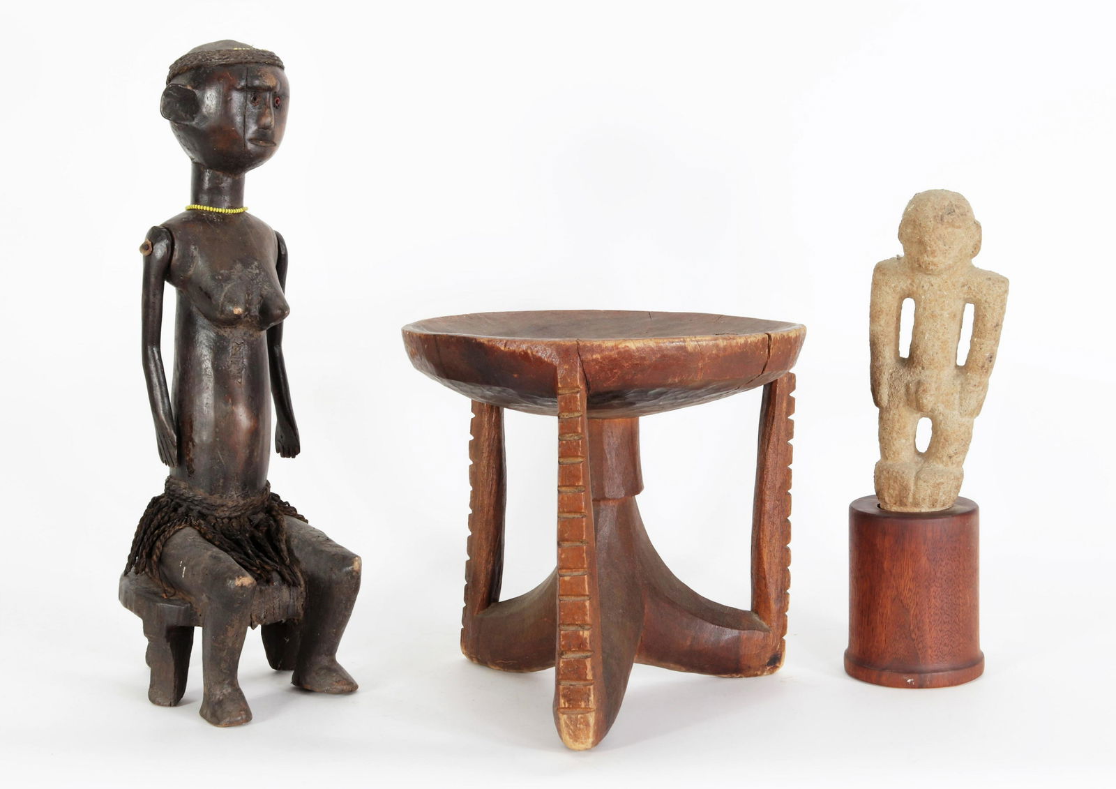 African Wooden Stool, Figure & Stone Carving (1 of 8)
