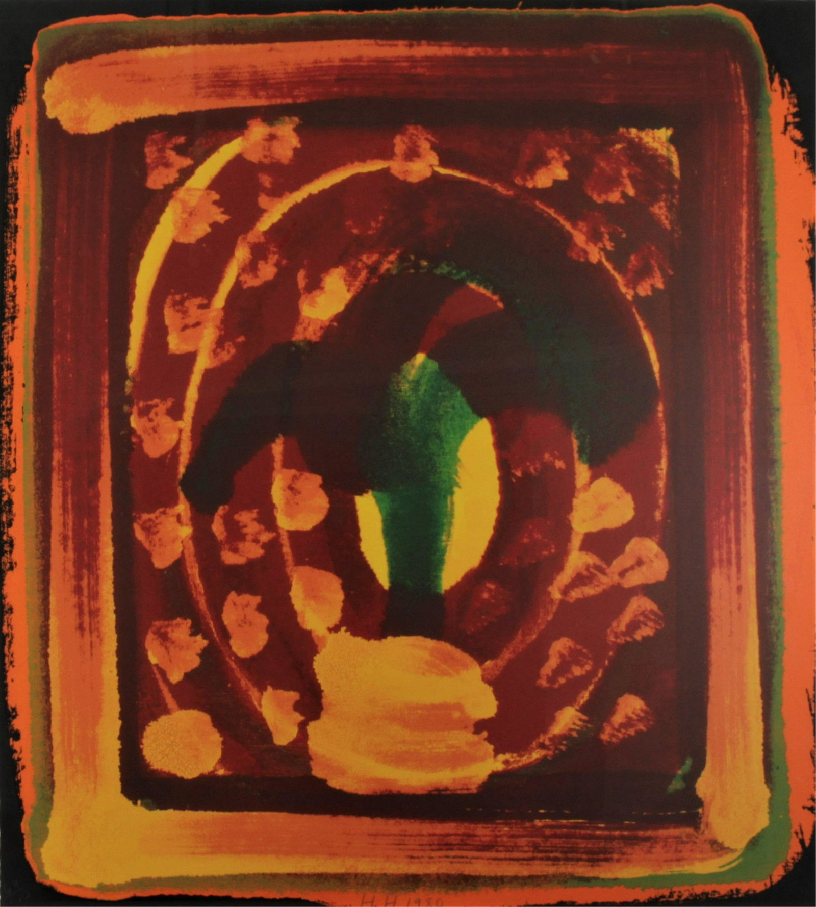 Howard Hodgkin - Still Life, Indian Leaves: Howard Hodgkin (British American, 1932 - 2017). Untitled still life from the Indian Leaves series, hand colored lithograph. Initialed HH lower center, dated 1980, numbered 43 of 100. Dimensions: 31.5�
