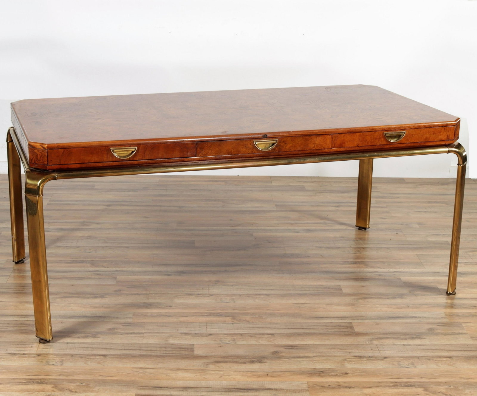 John Widdicomb Ash & Brass Desk, 1980: John Widdicomb Ash & Brass Desk, circa 1980. Labeled inside drawer. Dimensions: 31" H x 72" W x 37" D Property from the Estate of John 'Parker' Prindle, Jr., Boston, MA.