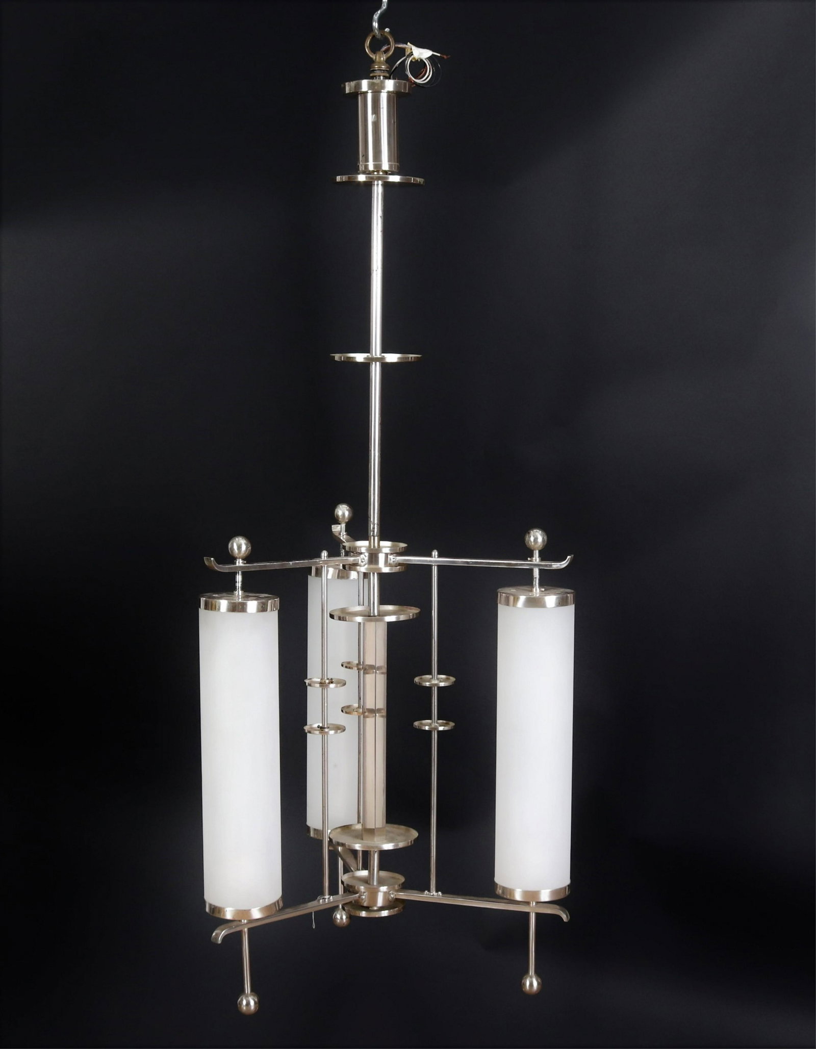 Fritz Brehaus Art Deco Chandelier, 1925: Fritz Brehaus Art Deco Nickel Plated Chandelier, circa 1925 Dimensions: 50" H x 21" diam Property from the Estate of John 'Parker' Prindle, Jr., Boston, MA.