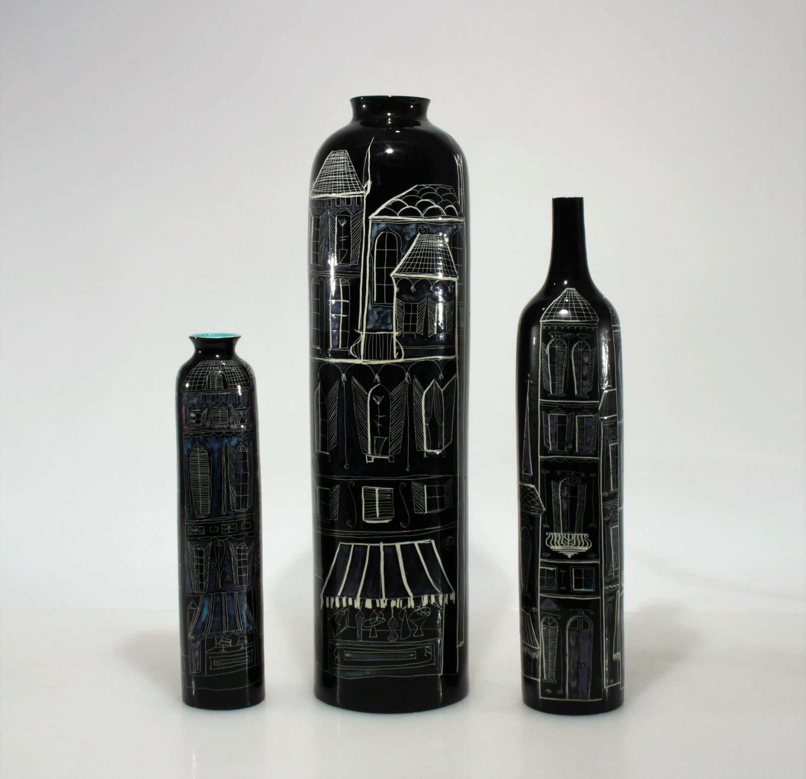 Marcello Fantoni for Raymor - Set of Vases: Marcello Fantoni for Raymor, set of three vases with architectural design. Signed on bottoms. Dimensions: 11.75" H to 20.5" H Property from the Estate of John 'Parker' Prindle, Jr., Boston, MA.