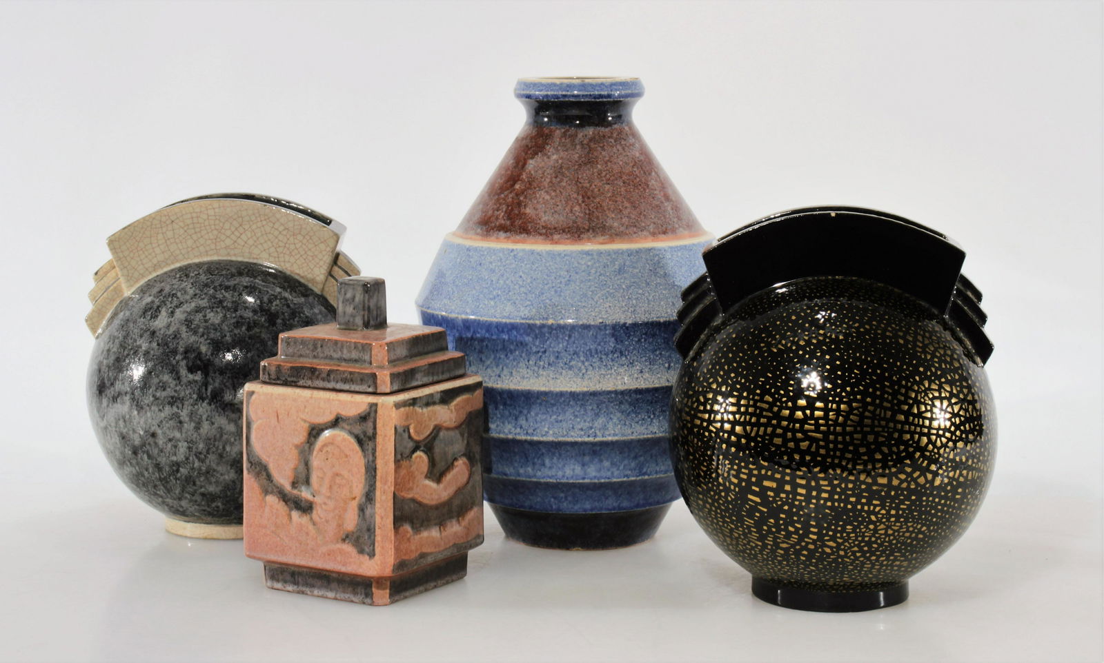 Marcel Guillard Editions Etling - Four Ceramics: Marcel Guillard for Editions Etling, French, Art Deco ceramics. Large vase, two globular vases, and covered canister. Each with impressed mark to bottom. Dimensions: Canister: 8" H x 4.25" square, lar