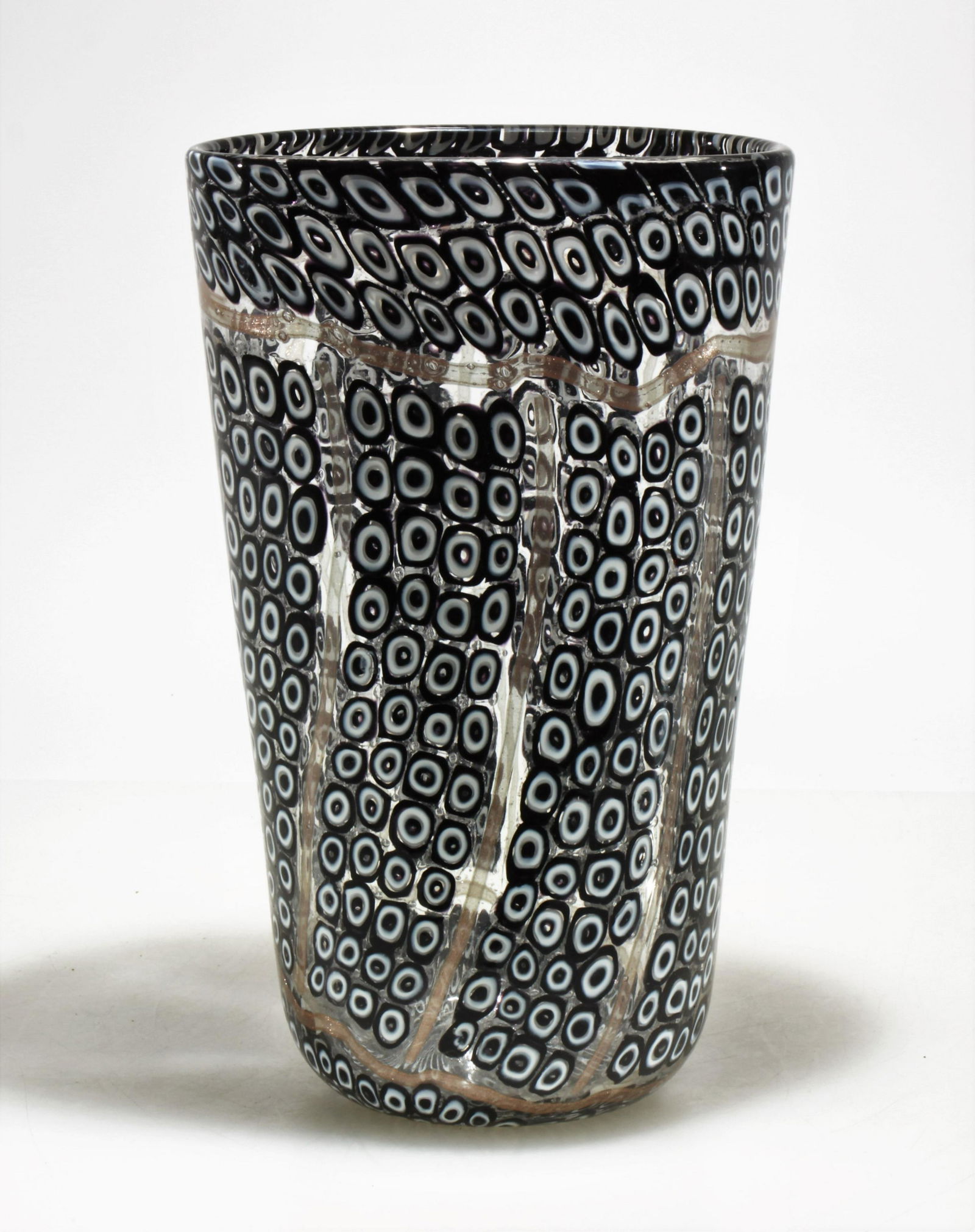 Vittorio Ferro Murano Glass Vase: Vittorio Ferro Murano Glass Vase with black and white swirl design. Dimensions: 10.5" x 6.5" x 4.75" Property from the Estate of John 'Parker' Prindle, Jr., Boston, MA.