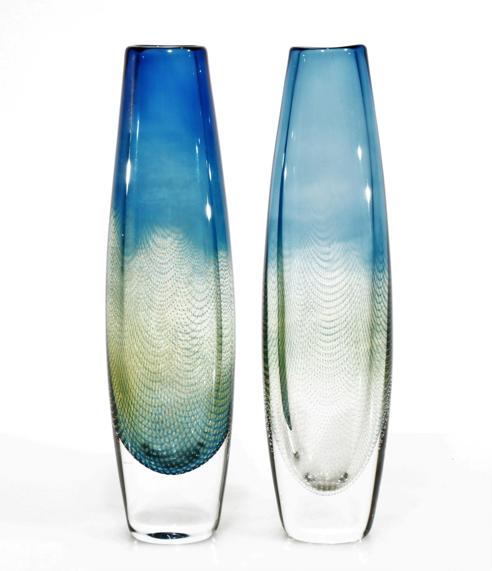 Sven Palmqvist for Orrefors - KRAKA Vases: Sven Palmqvist (Sweden, 1906 - 1984) Near pair of Kraka vases, model 322, signed on bottom. Dimensions: 13.75" H Property from the Estate of John 'Parker' Prindle, Jr., Boston, MA.