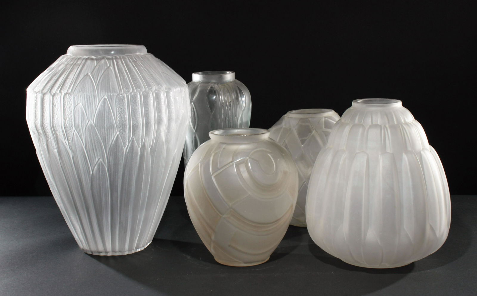 Andre Hunebelle - Frosted Glass Vases, 1930: Andre Hunebelle Frosted Glass Vases, circa 1930, signed A. Hunebelle FranceDimensions: Largest 13.5" H Property from the Estate of John 'Parker' Prindle, Jr., Boston, MA.