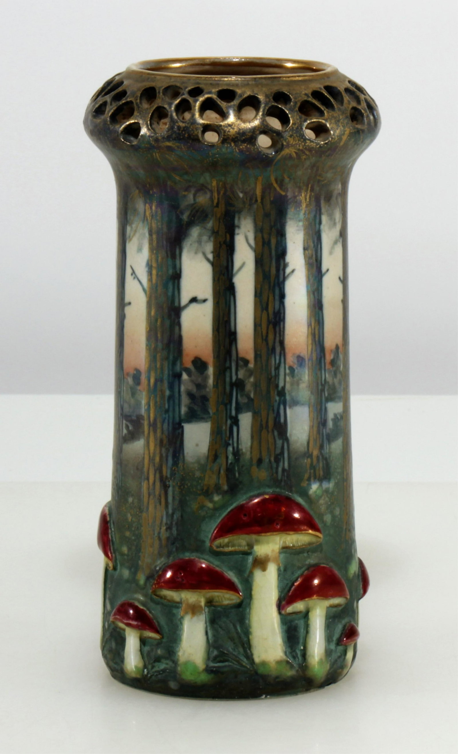 Paul Dachsel - Amphora Mushroom Vase, 1908: Paul Dachsel Amphora "Mushroom" Vase, 1908, Iridescent Pine Trees, impressed 1111, 12 & Teplitz-Turn mark Dimensions: 7.5" H Property from the Estate of John 'Parker' Prindle, Jr., Boston, MA.