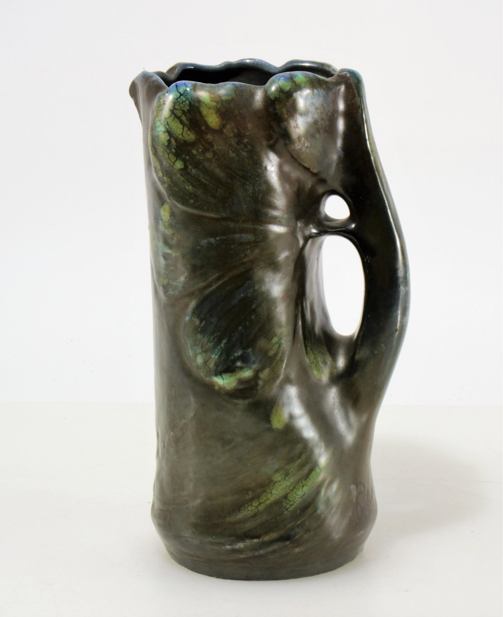 RSTK Amphora Pitcher, E. 20th C.: RSTK Amphora Pitcher, signed Baldor, Early 20th C., impressed 3050, iridescent green glaze Dimensions: 9.5" H Property from the Estate of John 'Parker' Prindle, Jr., Boston, MA.