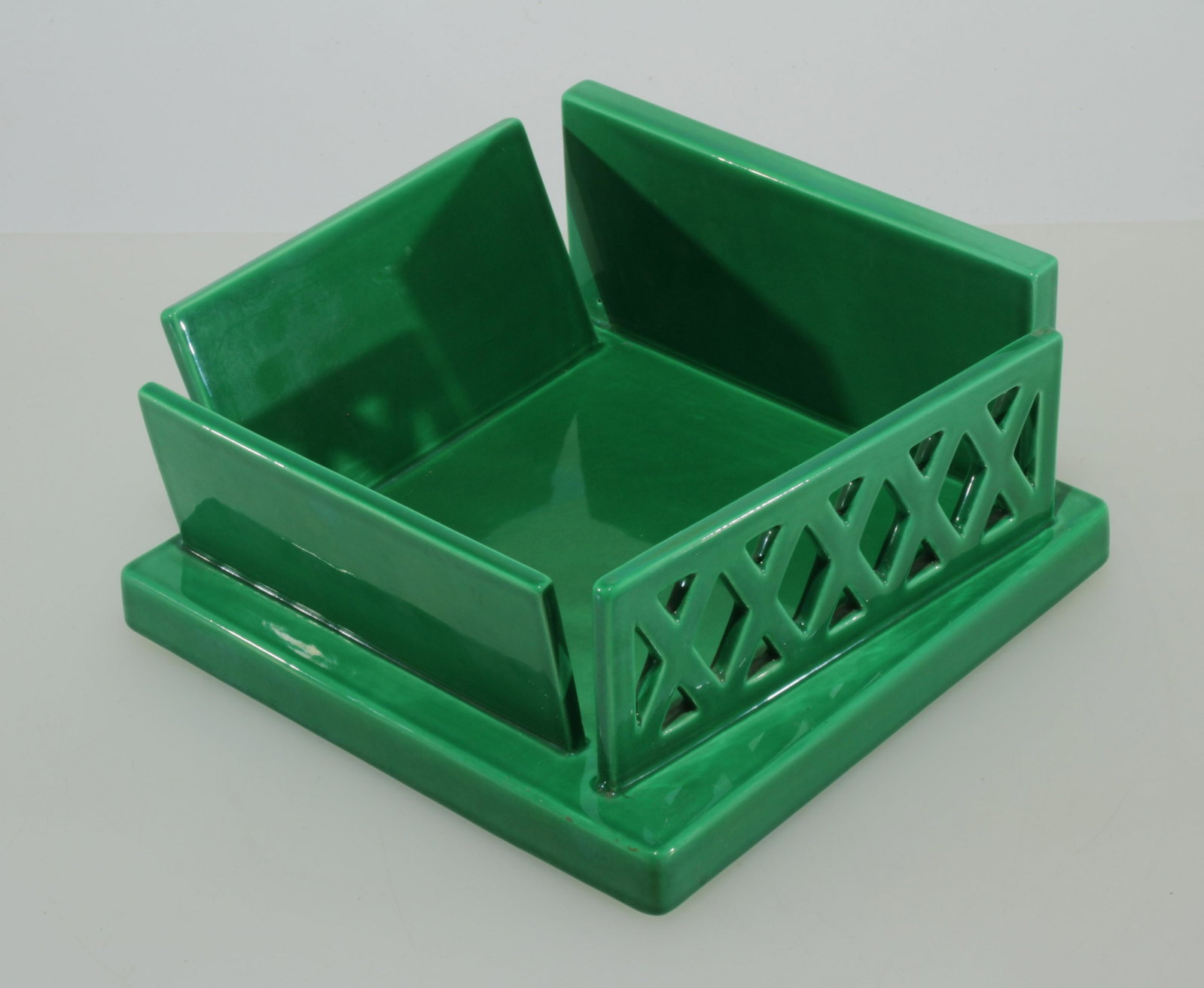 Ettore Sottsass - ET4 Ceramic Centerpiece: Ettore Sottsass (1917 - 2007) for Alessio Sarri, ET4 green ceramic centerpiece. Marked on bottom. Dimensions: 5" H x 9.5" square Property from the Estate of John 'Parker' Prindle, Jr., Boston, MA.