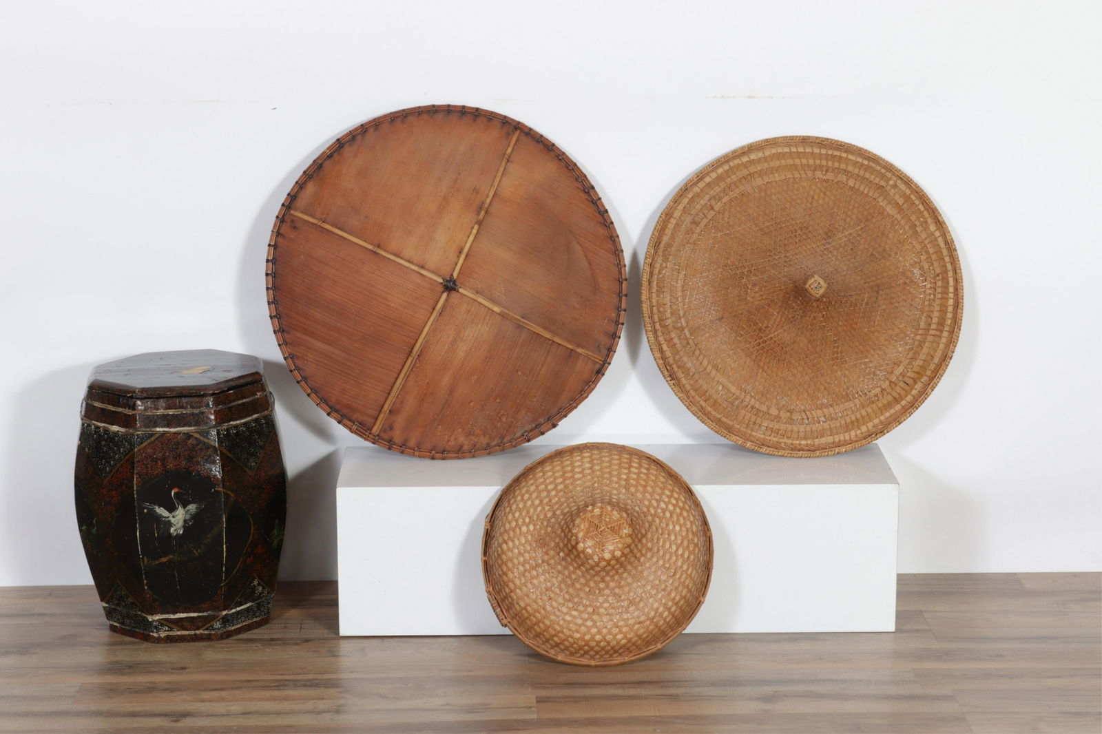 3 Asian Woven Grass Hats & Barrel Stool (1 of 6)