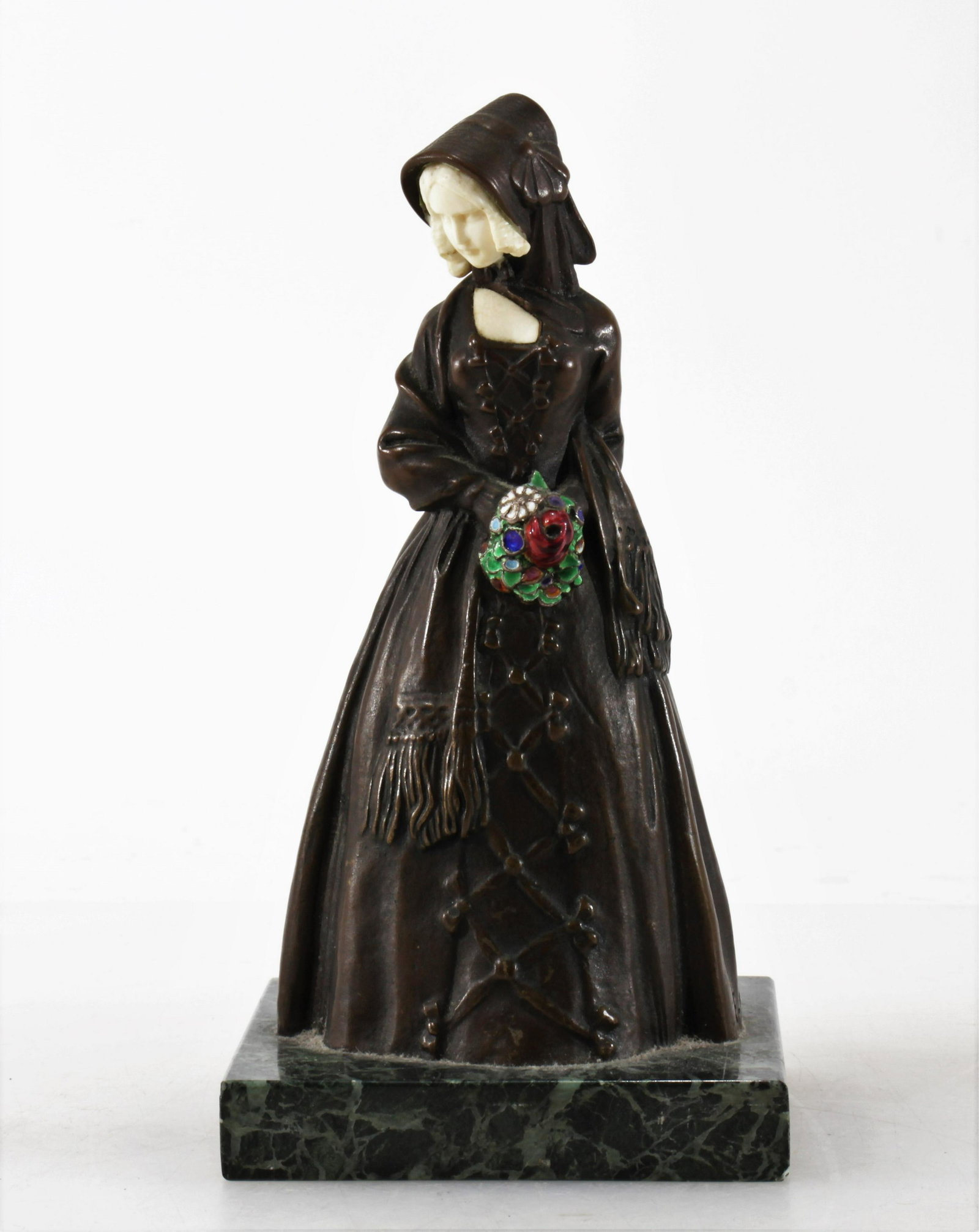 Emile Meier - Art Nouveau Bronze Sculpture: Emile Meier (1877-1952) Bronze with polychrome enamel painted bouquet, carved bone face and decolletage. Signed E. Meier and foundry mark along base of form. On a green marble base. sculpture 7"H x 3.
